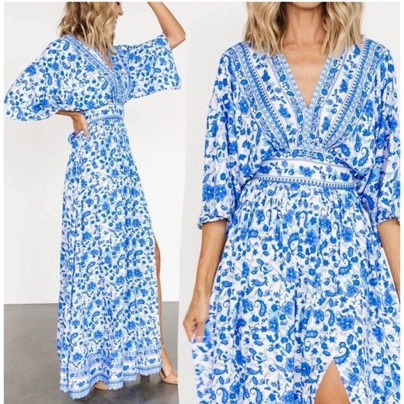 Baltic Born M Watson Kimono Maxi Dress White Blue Coastal Preppy Garden Party - Picture 1 of 8